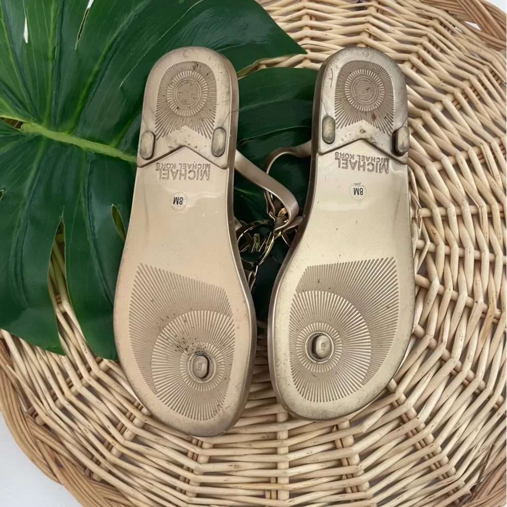 MICHAEL Michael Kors jelly flip-flops gold tone logo cork slip-on sandals size 8